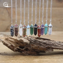 Natural Stone Hexagonal Point Pendants Necklaces Healing Crystal Quartz Fluorite Lapis Bullet Pendulum Chakra Jewelry QC3106