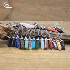 Natural Stone Hexagonal Point Pendants Necklaces Healing Crystal Quartz Fluorite Lapis Bullet Pendulum Chakra Jewelry QC3106